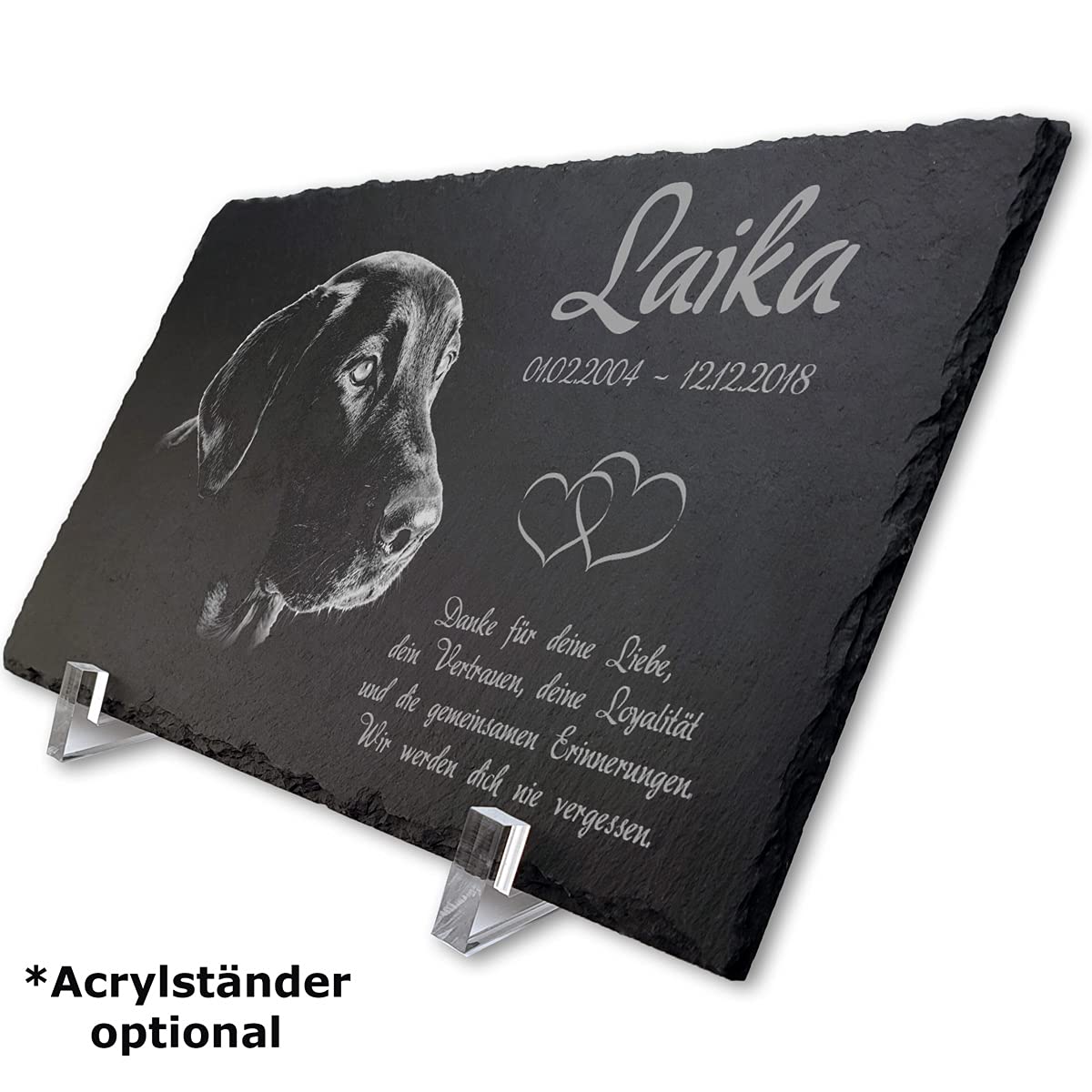 personalisierte Schiefer Tiergrabstein Gedenktafel 30x20 cm wetterfest - Individuelles Foto und Text, Schwarz-Weiße Gravur (mit Laser eingebrannt)