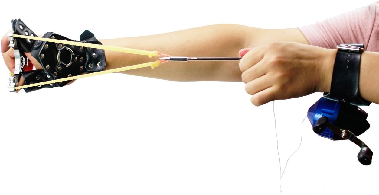 SinoArt Powerful Slingshot Bow Fishing Set Reel Hunting Catapult Steel Broadheads Darts Protect Wristband Right Hand Guard