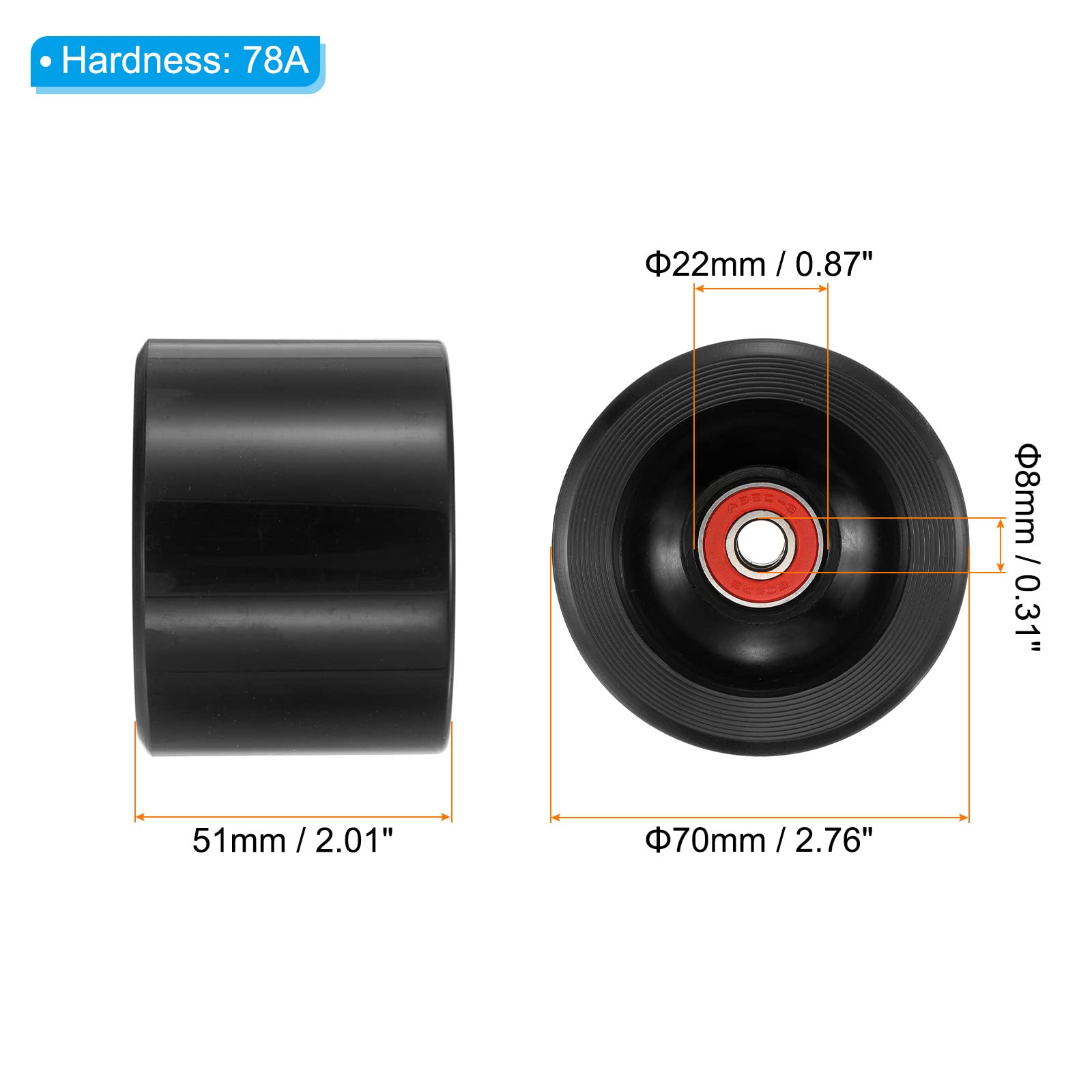 PATIKIL 70mm 78A Tabla Larga Ruedas con Rojo ABEC-9 Rodamientos, 4 Paquete Suave Crucero Ruedas Calle Ruedas para Monopatines Monopatín Rueda PU Negro