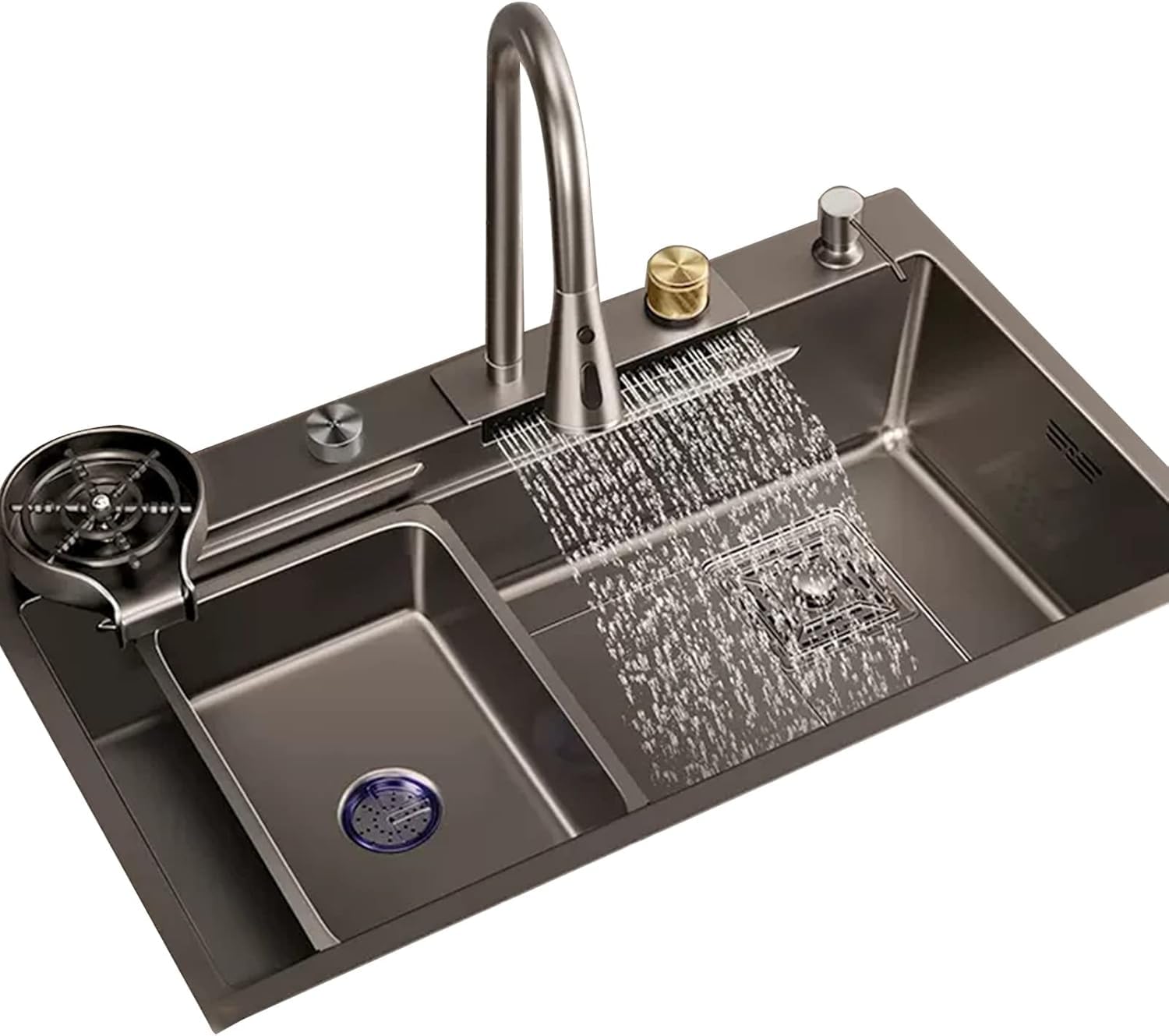 Évier de cuisine cascade en inox avec lave-tasses intégré et kit complet