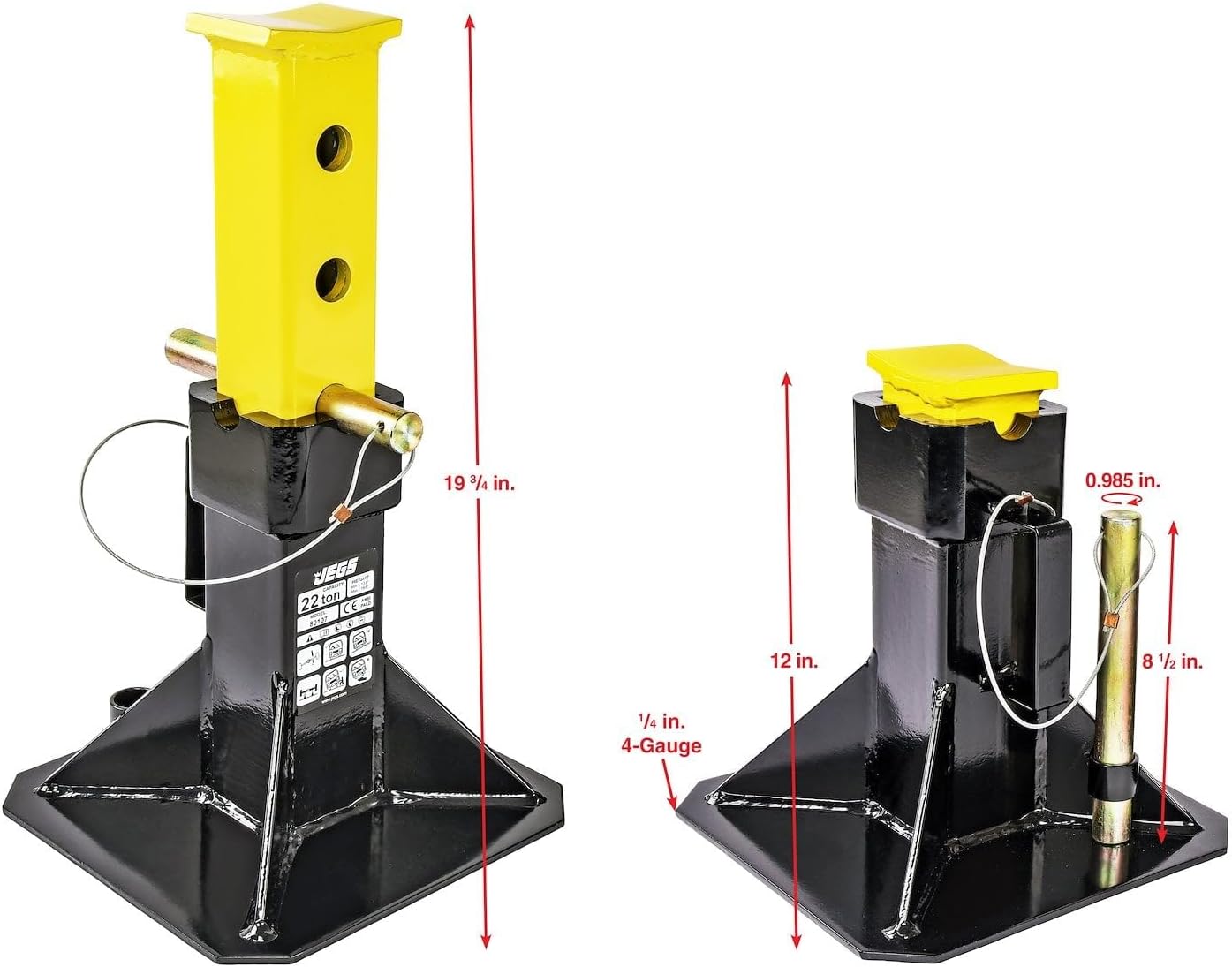 JEGS Jack Stands | 22-Ton Per Pair/Per Axle Capacity | Adjustable Height from 11 1/2in. to 19 5/16in. Inches | Base: 19 in. x 19 in. | Pad: 2 1/4 in. x 3 13/32 in | 37 1/2 lbs. Each | 2 Per Package