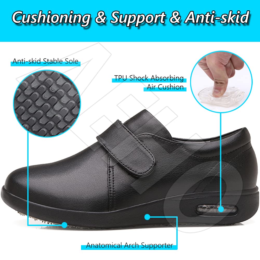 AEHO Scarpe Diabetici Uomo Scarpe Funzionali Ortopediche Portatili in Pelle Nera per Il Tempo Libero Pollice Regolabile Valgo Larghezza Ampia Comfort per Sport Anziani Escursionismo,Nero,42 EU