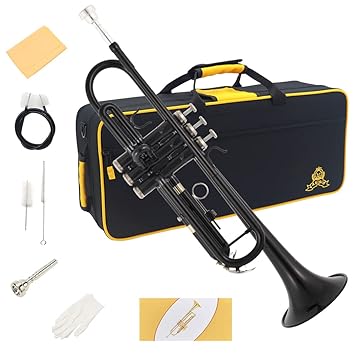 Yasisid Bb Standard Trumpet Set, Brass Adults Play Western Wind Instruments for Beginners or Advanced Students, with Hard Case, Cleaning Kit, 7C Mouthpiece, Cloth and Gloves (Black)