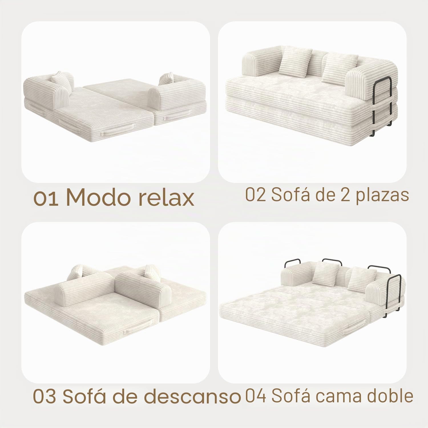 Xbro Sofá Cama 2 Plazas, Sofa Modular con 5 Configuraciones Transformables, Sofa Comprimido al Vacio(Sin Montaje) de Pana para Salón y Dormitorio, Blanco, 160x90x61 cm