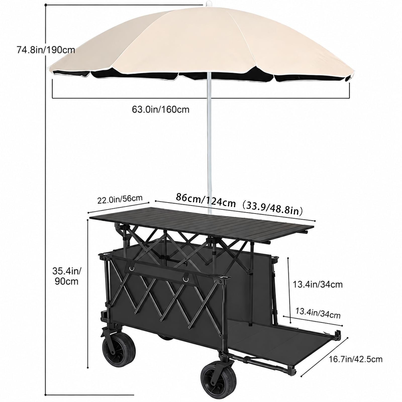 Stand for mercato agricolo con ombrellone e contenitore ad alta capacità | Carrello da campeggio portatile su ruote, ideale for picnic all'aperto, vendita di dessert e vendita di cibi pronti