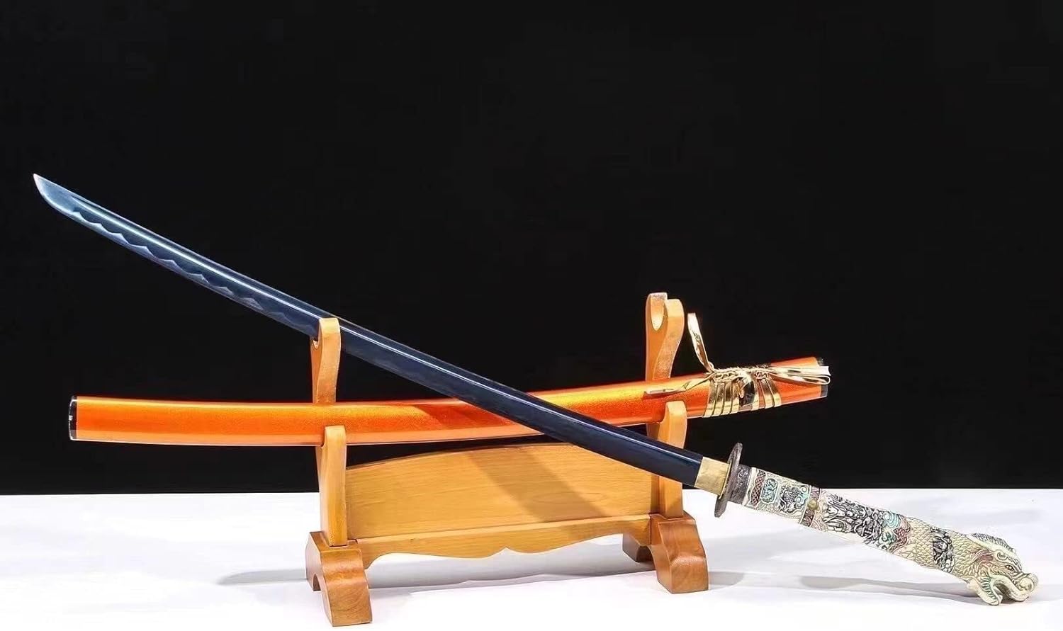 Highlander Dragon Katana Sword Handmade 1095 High Carbon Steel Blue Blade Samurai Sword Real Sharp Japanese Knives Battle Ready Cool Weapons for Men