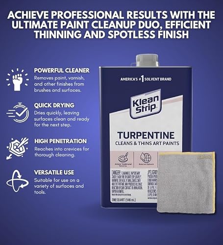 Klean Strip Turpentine Solvent 1 qt Bundle with Microfiber Cloth - Paint Thinner for Oil Based, Enamel, Lacquer, and Stains -Paint Thinner Remover for Cleaning Brushes and Equipment - (2 Items)
