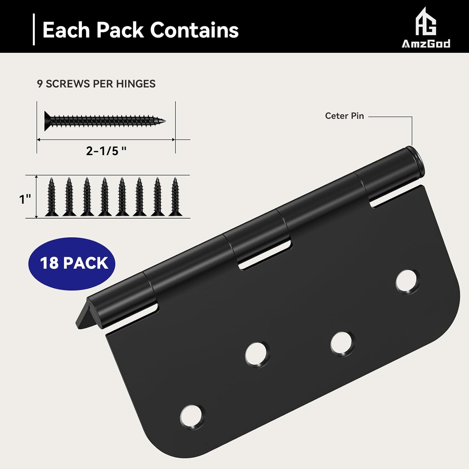 Black Door Hinges 4 Inch - 21 Pack Matte Black Door Hinges 4 Inch Rounded Interior Door Hinges with 5/8" Radius - 4" X 4" Black Hinges for Exterior Doors - Front Door Hinges Residential