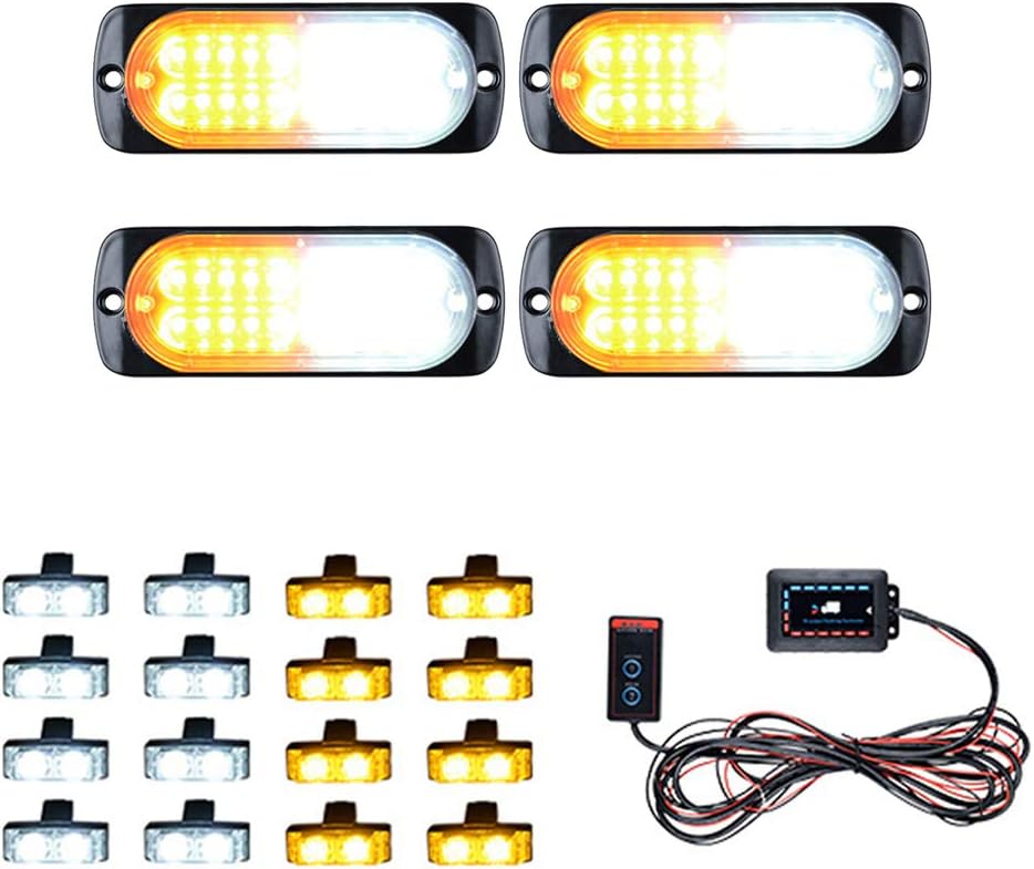 Astra Depot Emergency Warning Hazard 4pcs Ultra Thin 20-LED Surface Mount Super Bright LED Strobe Light & 16pcs 2-LED Dash Flashing Grille Light Kit (Amber White)