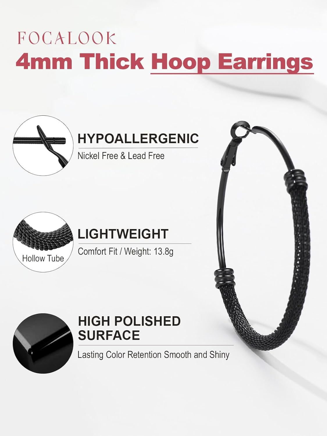 FOCALOOK 14K Gold Hoop Earrings, Lightweight Hypoallergenic Large Stainless Steel Black Hoops for Women 30/40/60/80mm - Image 4