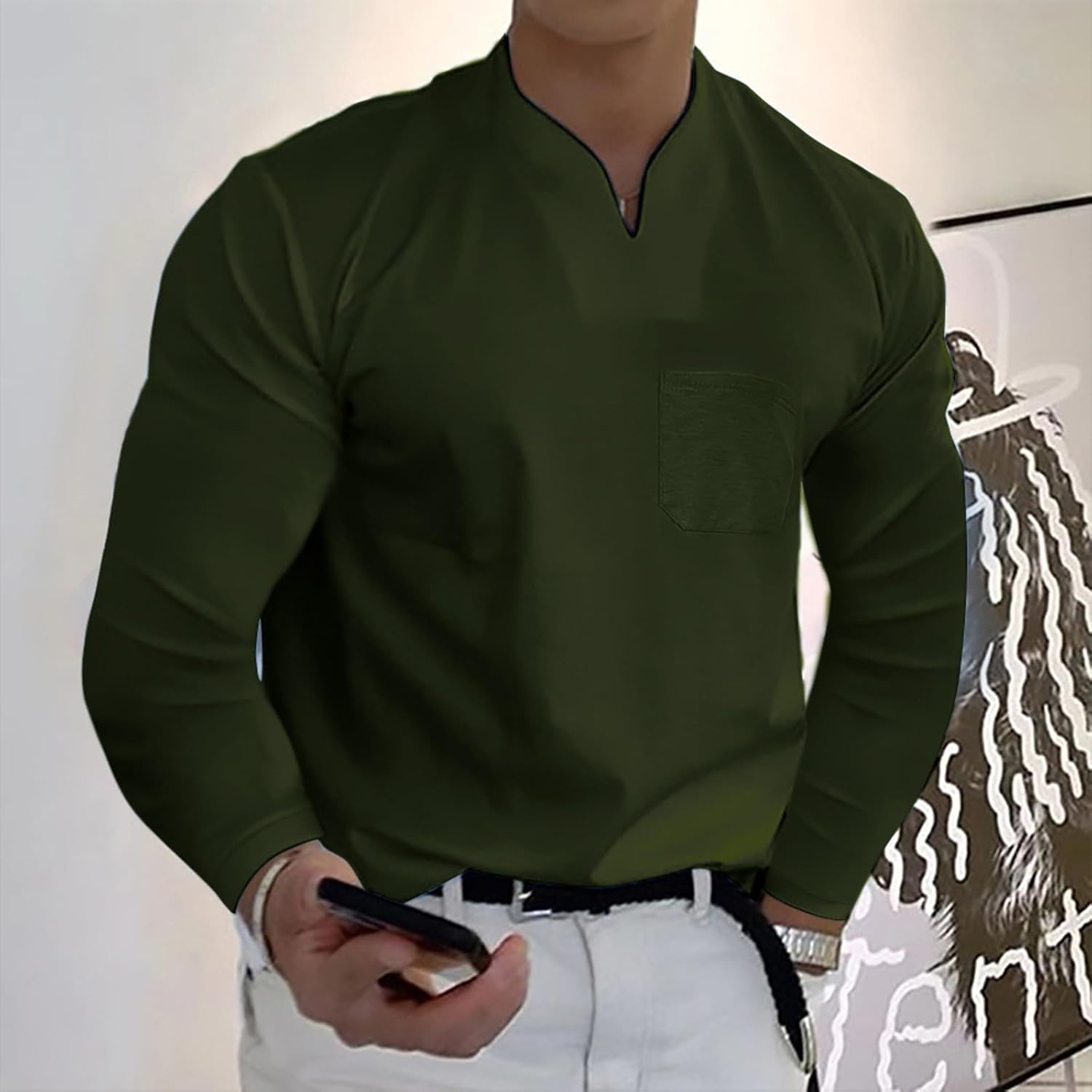 RTRDE Men's Long Sleeve Henley T-Shirts, Casual Solid Color V Neck Business Dress Tee Shirts with Pocket, M-5XL