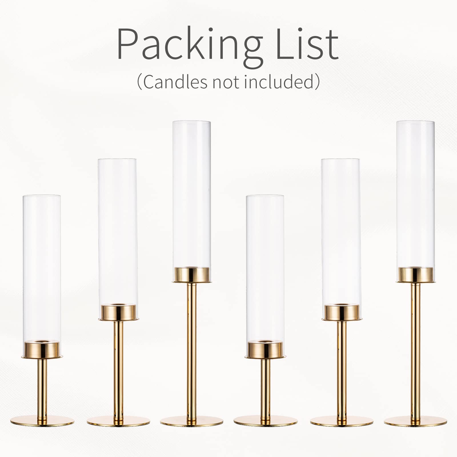 Inweder Gold Candle Holders for Candlesticks - Taper Candle Holders with Removable Glass, Tall Brass Candlestick Holders, Candle Stand Candle Sticks Long Holder for Table Centerpiece, 6Pcs