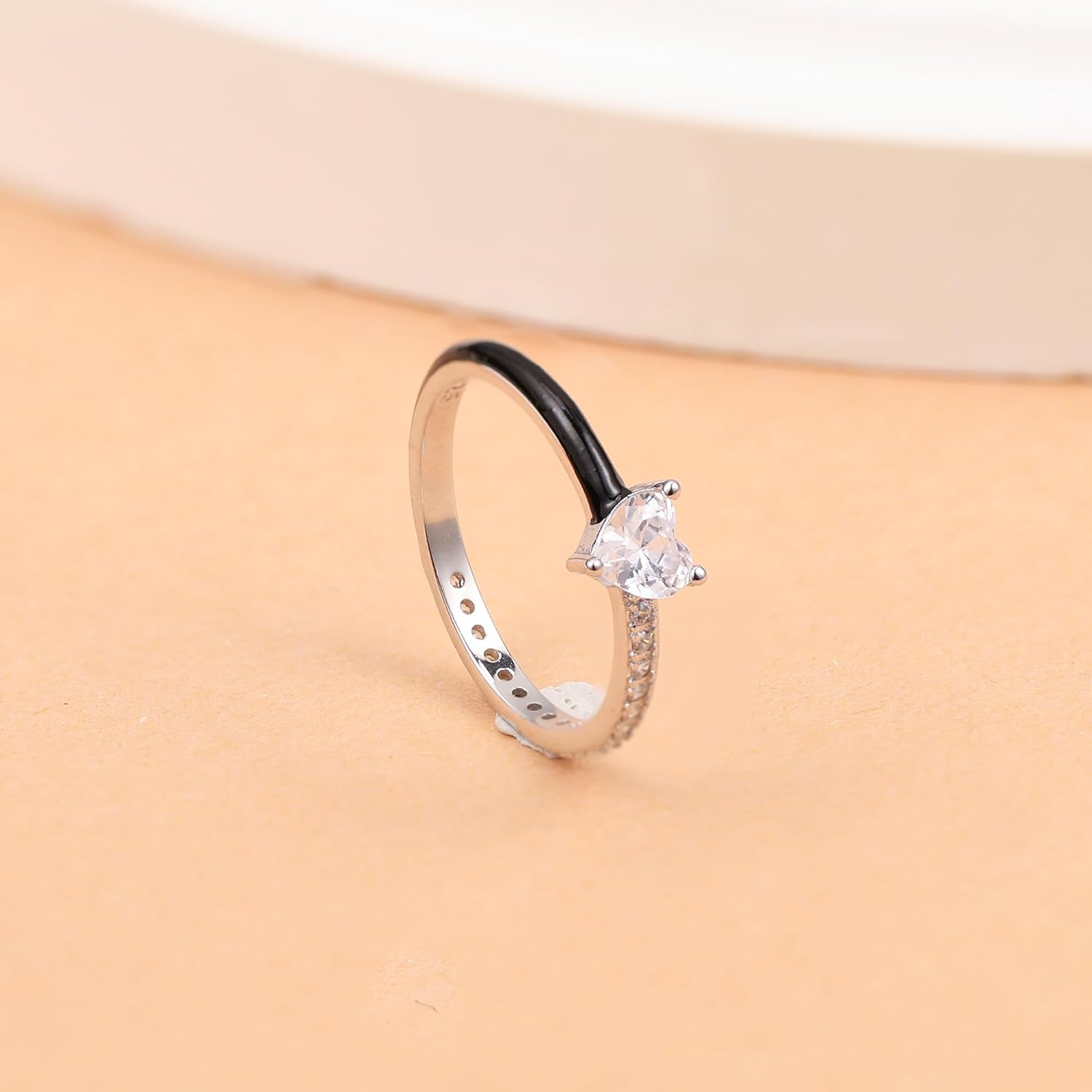 S925 Sterling Silver Heart Rings for Women Mother Daughter Cute Black Love Heart Stacking Ring Matching Half Enamel CZ Promise Purity Ring Jewelry Christmas Gifts for 2 Best Friends
