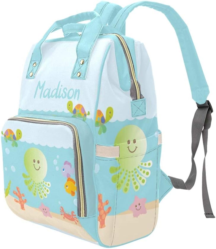 Sea Ocean Animal Blue Personalized Diaper Bag Backpack Tote with Name,Custom Travel Nappy Mommy Bag Backpack