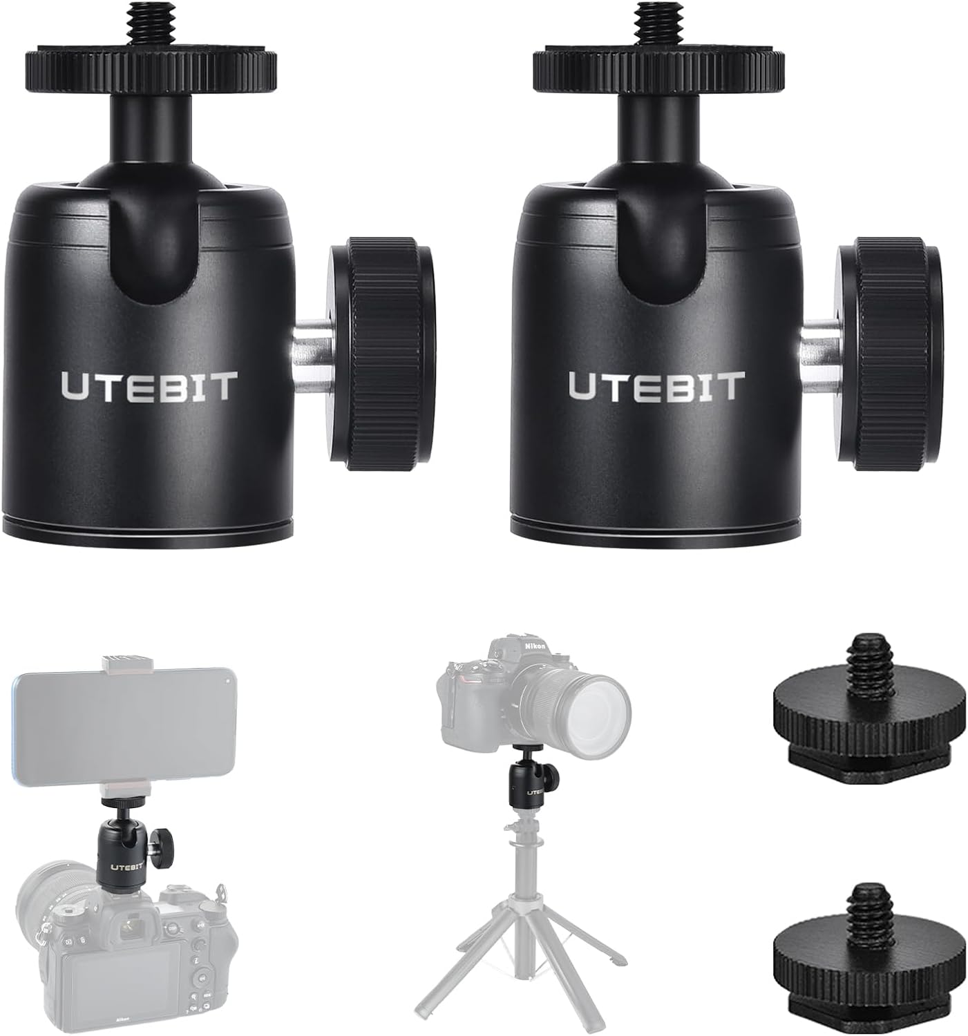 UTEBIT 2 Pack Universal 1/4" Swivel Mini Ball Head Screw Tripod Mount | 360° Rotating Mount Base Adapter 1/4" Camera Hot Shoe Mount for DSLR Cameras Vive Tripods Monopods Camcorder Light Stand