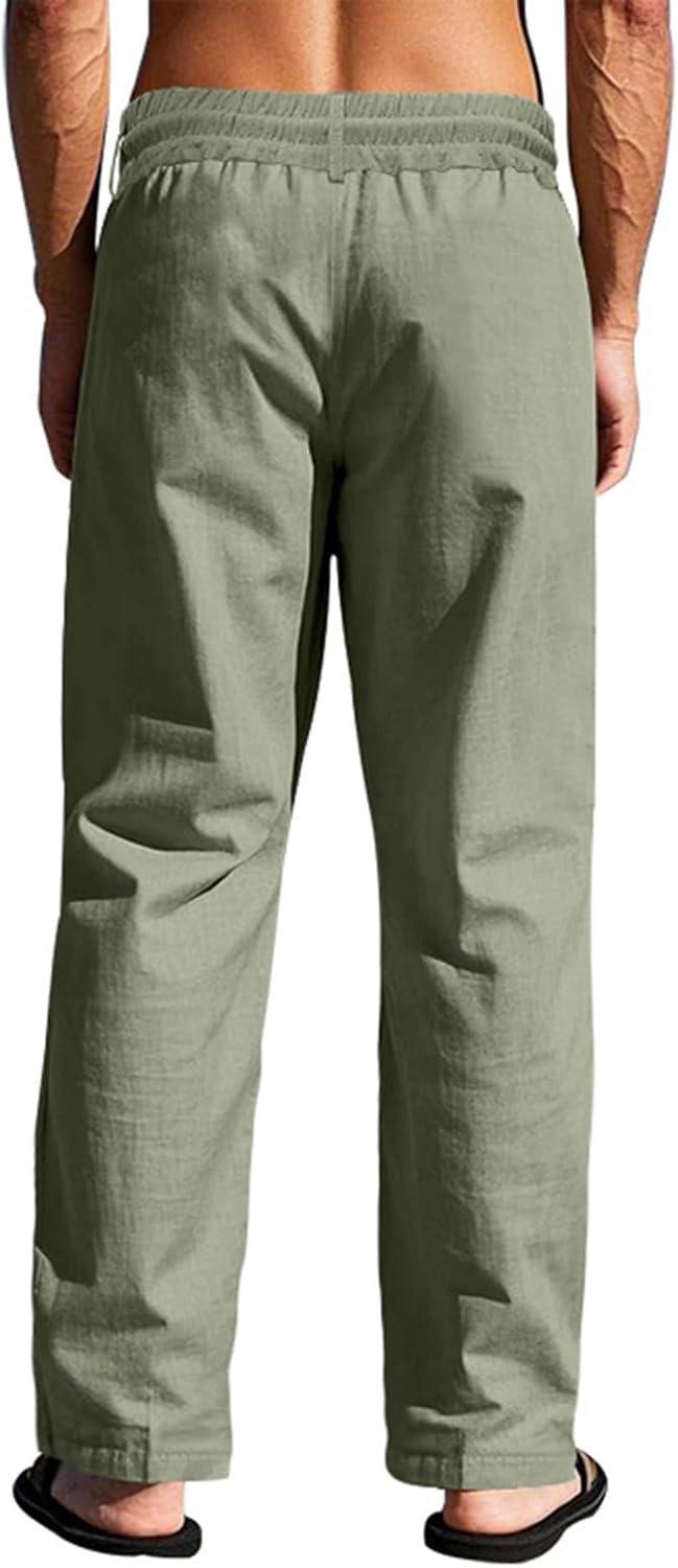 Men's Linen Pants Lightweight Drawstring Elastic Waist Pockets Loose Fit Straight Legs Summer Beach Yoga - Image 5