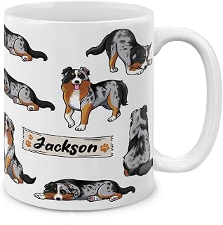 MUGBREW Personalized Coffee Mug with Your Name or Text, Customized Gifts For Christmas Birthday Anniversary, Ceramic 11 OZ Coffee Mug Tea Cup - Australian Shepherd Funny Playful Postures Pattern