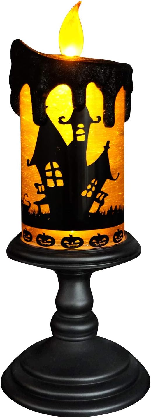 Eldnacele Halloween Snow Globe Candles Lighted Lamp, Battery Operated Spooky Spinning Water Glittering Tornado Candles Flameless Candles Table Centerpiece for Halloween Celebration Parties(Castle)