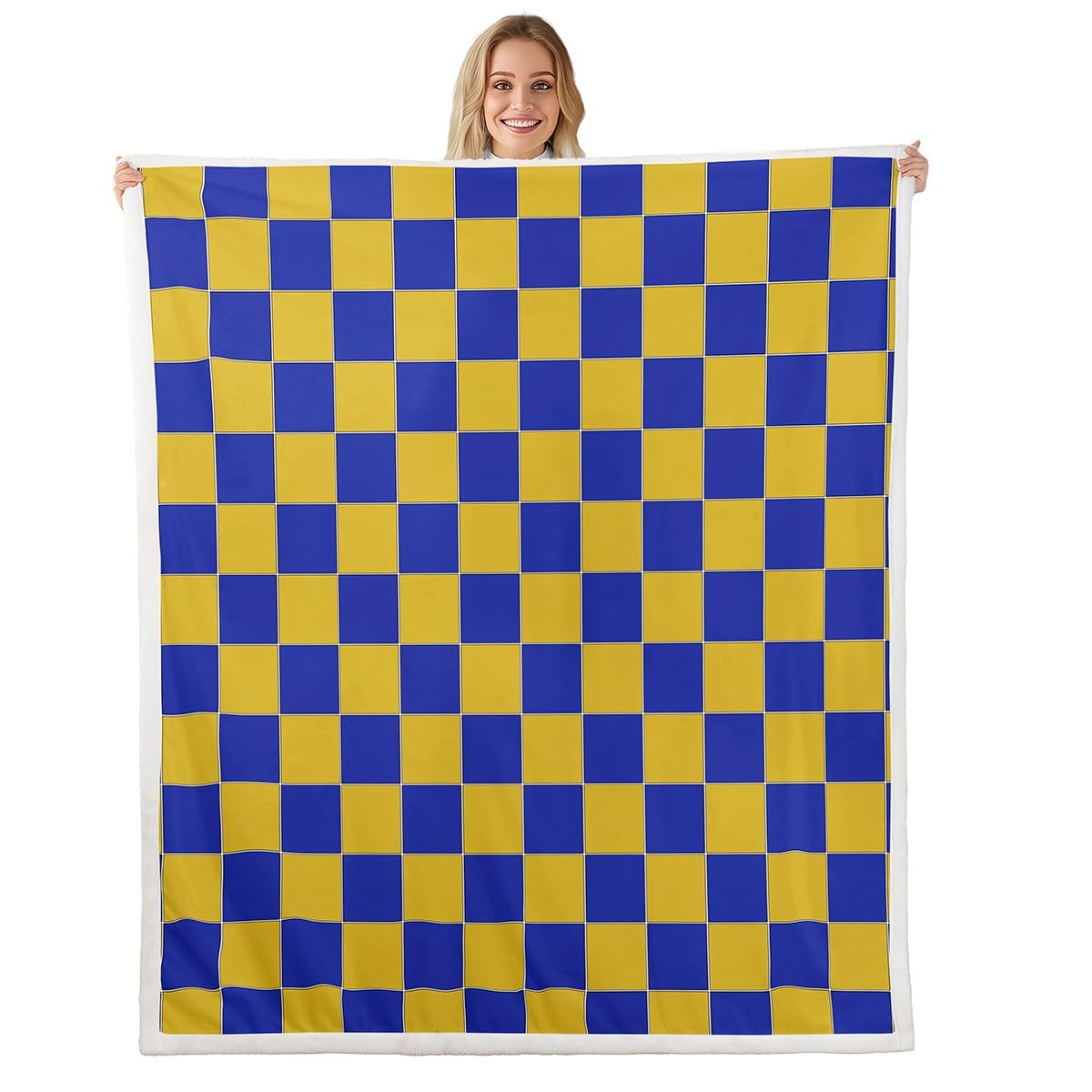 Erosebridal Geometric Plaid Sherpa Blanket Queen 90"X90" Yellow Blue Brown Checkerboard Fleece Bed Blanket for Kids Boys Teen Adults,Checkered Grid Throw Blanket Modern Aesthetic Fuzzy Blanket