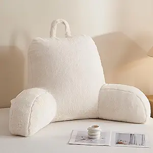 Reading Pillow with Arms for Sitting in Bed, Backrest Support Cushion, Faux Fur Cover, Washable