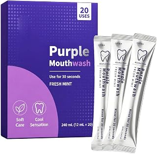 Purple Color Correcting Teeth Whitening Mouthwash Sachets, Peroxide & Alcohol Free Portable Single Use Mouth Wash, Fresh Mint Breath Freshener, Vegan Gentle Gum Care Oral Rinse, 20pc.