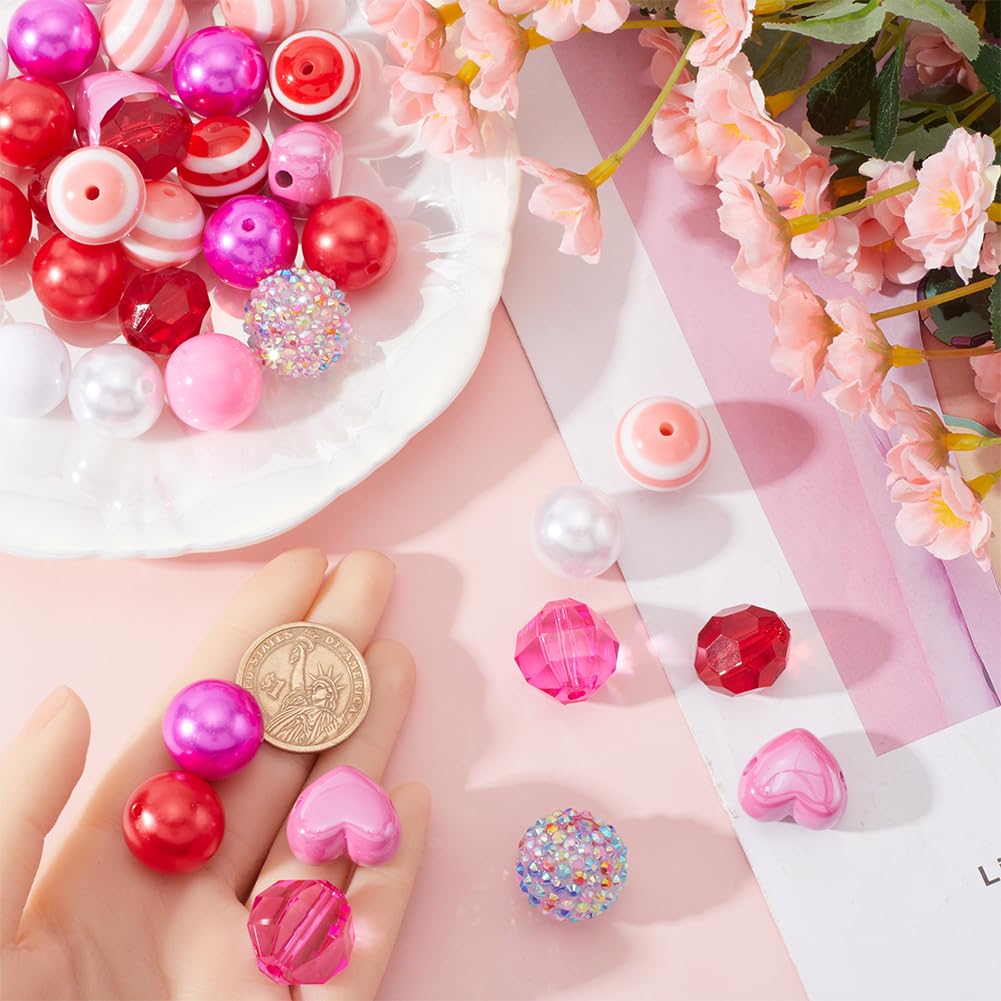 SUNNYCLUE 60Pcs Pink 20mm Candy Beads Pen Beads Bulk Bubblegum Round Pink Acrylic Plastic Rhinestone Large Focal Heart Beads for Valentine's Day DIY Crafting Beadable Pens Key Chains Bracelet Necklace - Image 3