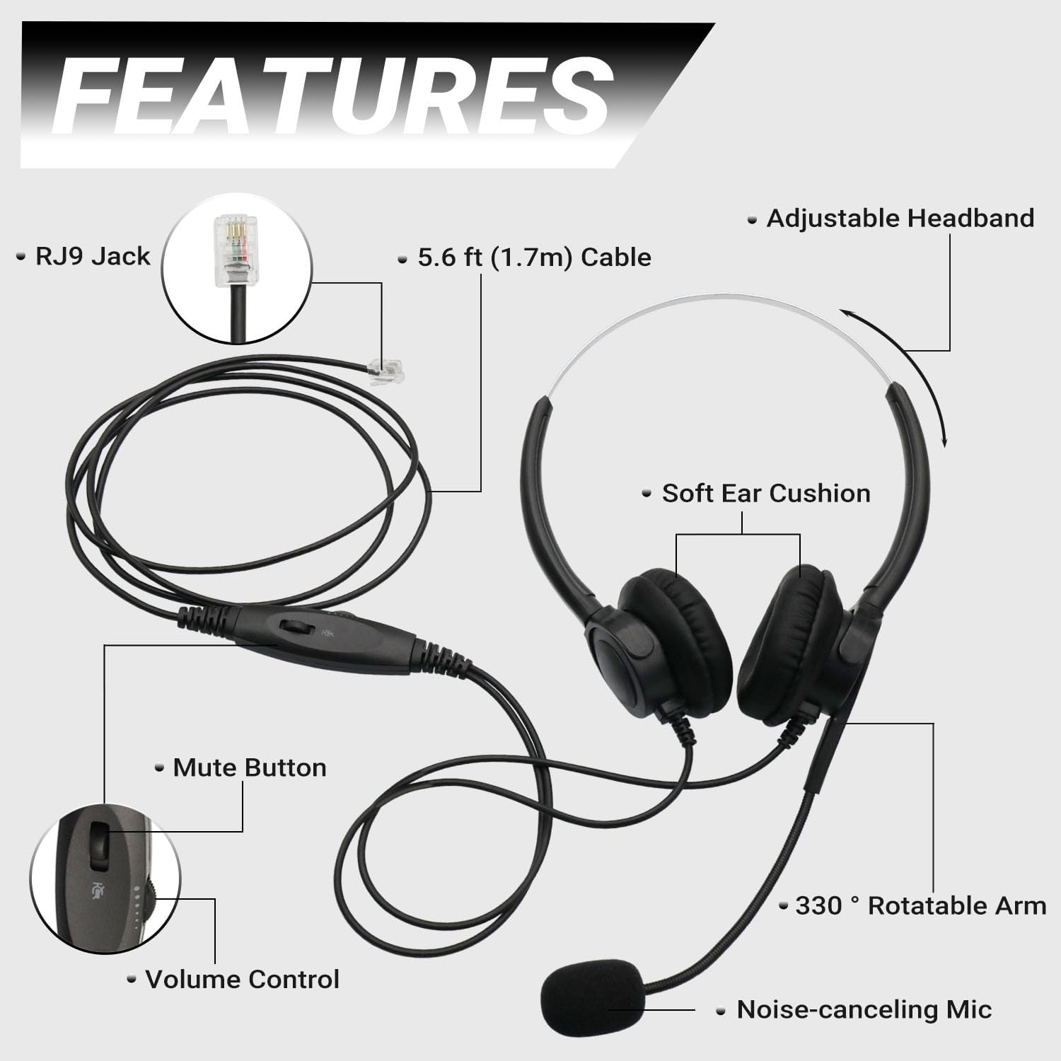Dual Ear RJ9 Phone Headset for Cisco Office Phones, Corded Telephone Headset with Microphone Noise Cancelling & Mute Switch for Cisco Phones 6941 7811 7821 7841 7861 7940 7961 7965 8811 8841