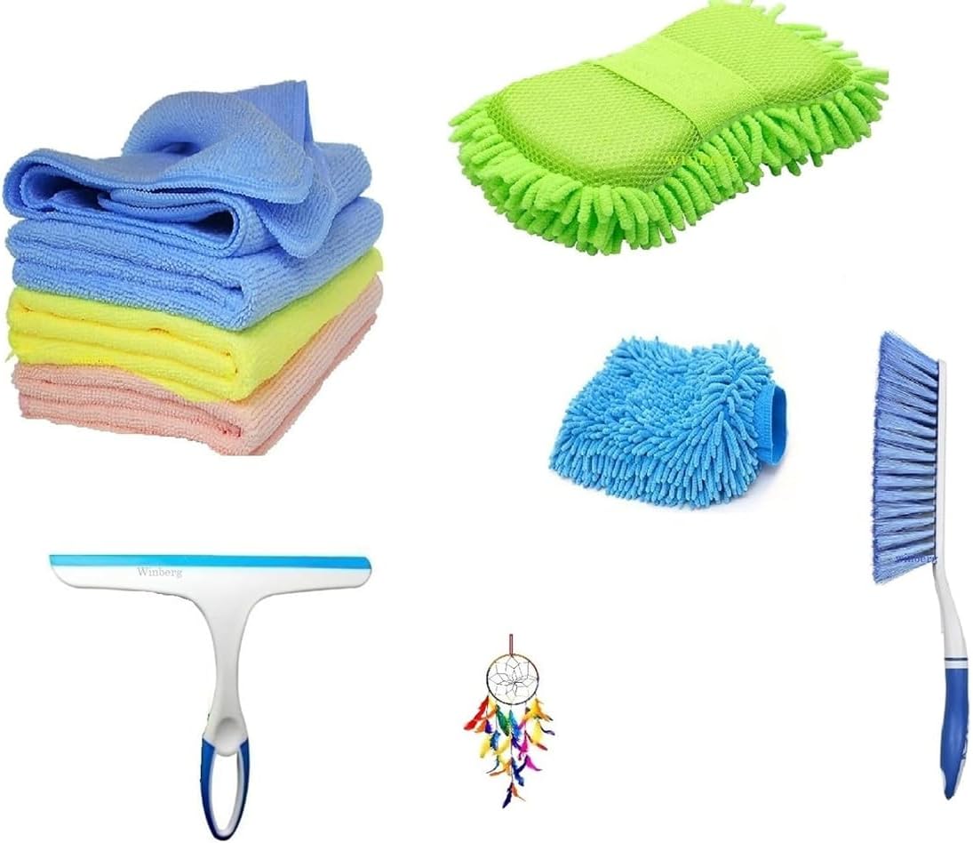 Car Cleaning Combo Pack Microfiber Towel 3 pcs 1 Carpet Brush 1 Washing Scurb Microfibre Gloves full Interior and Exterior Cleaning Kit - CarCLNG06