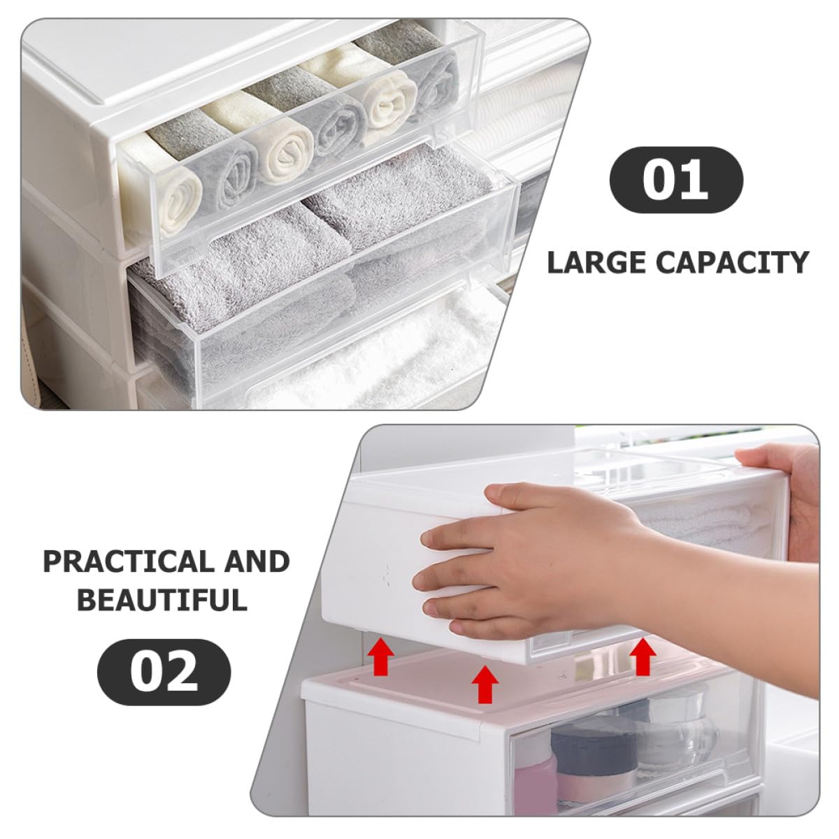 WOONEKY Organizer Cassetti per Trucco e Portaoggetti da Scrivania, Scatola di Immagazzinaggio Bianca in Plastica Resistente, Organizzatore per Cassetti Dell'armadio per Ufficio e Casa,
