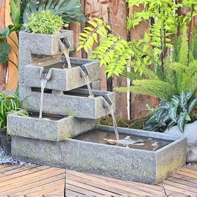 Tankana Water Fountain Outdoor Garden - Waterfall Feature Indoor Tiered Freestanding Cascade Fountains Concrete Artistry LED Lights for Patio Yard Pool Home Decor, (32.5 inches Long,Gray)