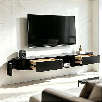 Wall Mounted TV Cabinet Solid Wood TV Shelf with Storage Space and Drawers Floating TV Board Modern TV Stand TV Unit Media Console for Living Room Black 160 cm
