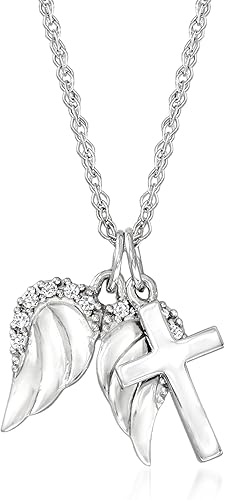 Ross-Simons 14kt White Gold Cross and Angel Wings Pendant Necklace With Diamonds