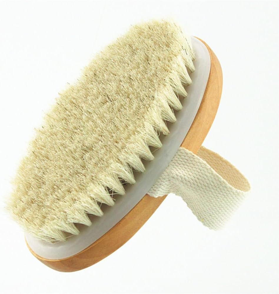 7.87” Short Handle Dry Bath Body Brush Scrubber, Wood Handle Soft Horsehair Mane Natural Bristles Shower Brush, Good for Cellulite, Detox, Exfoliating, Blood Circulation, etc.