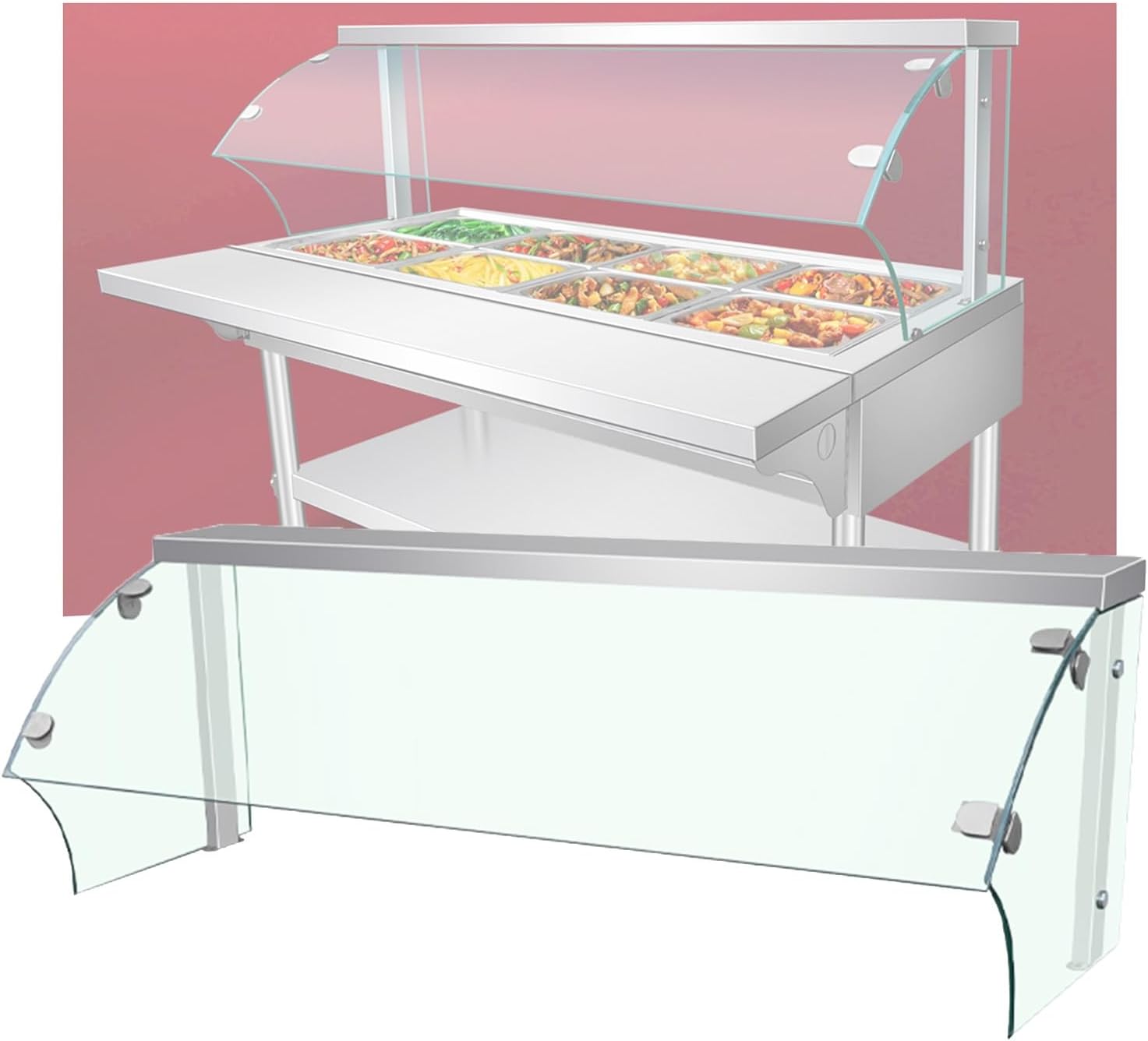Bakery Display Case, Commercial Countertop Food Warmer Three-Sided Enclosed Clear Curved Tempered Glass Bread Shield for Pizza, Fried Chicken(100X53X50CM)