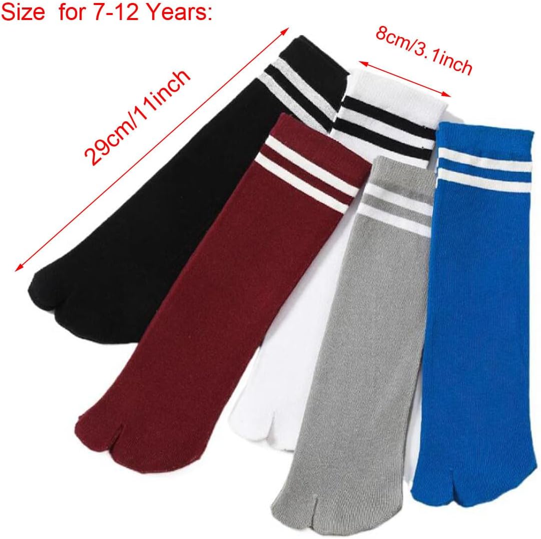 Pursuestar 2 Pairs Two Toe Tabi Split V Socks Athletic Long Calf High Striped Dress Socks for Kids Boys Girls 2-12 Years