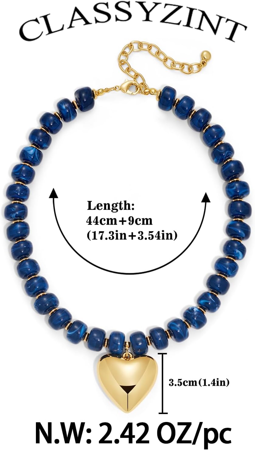 CLASSYZINT Colorful Chunky Beaded Necklace with Gold Puff Heart Pendant Statement Necklace for Women - Image 6