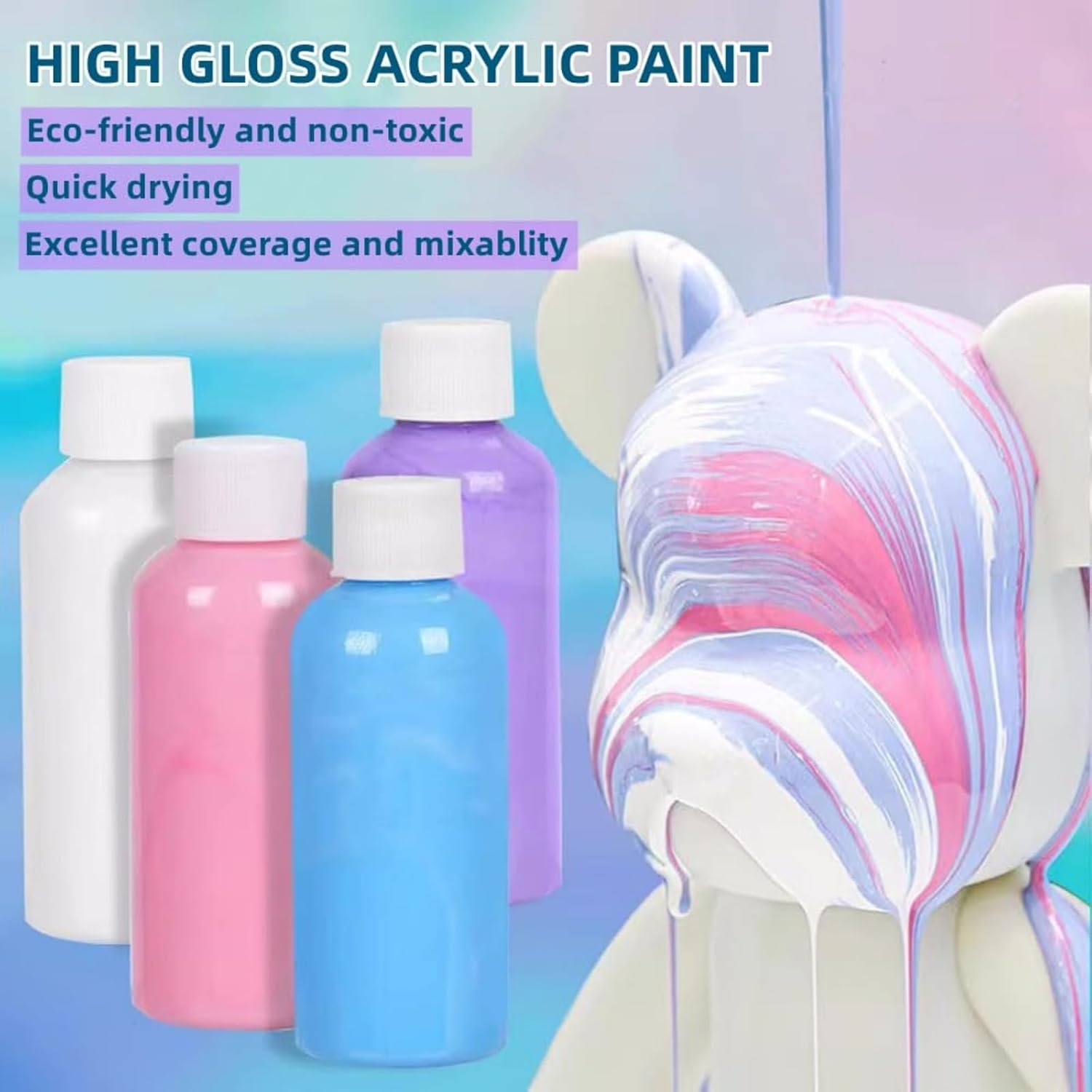 coleyn HANDA DIY Painting Fluid Bear Teddy Bear Painting Kit Set Creative Home Decorations Handmade Doll Figurine Toys Gift for Birthday Valentines (9.05 inch, Pink+White+Blue)