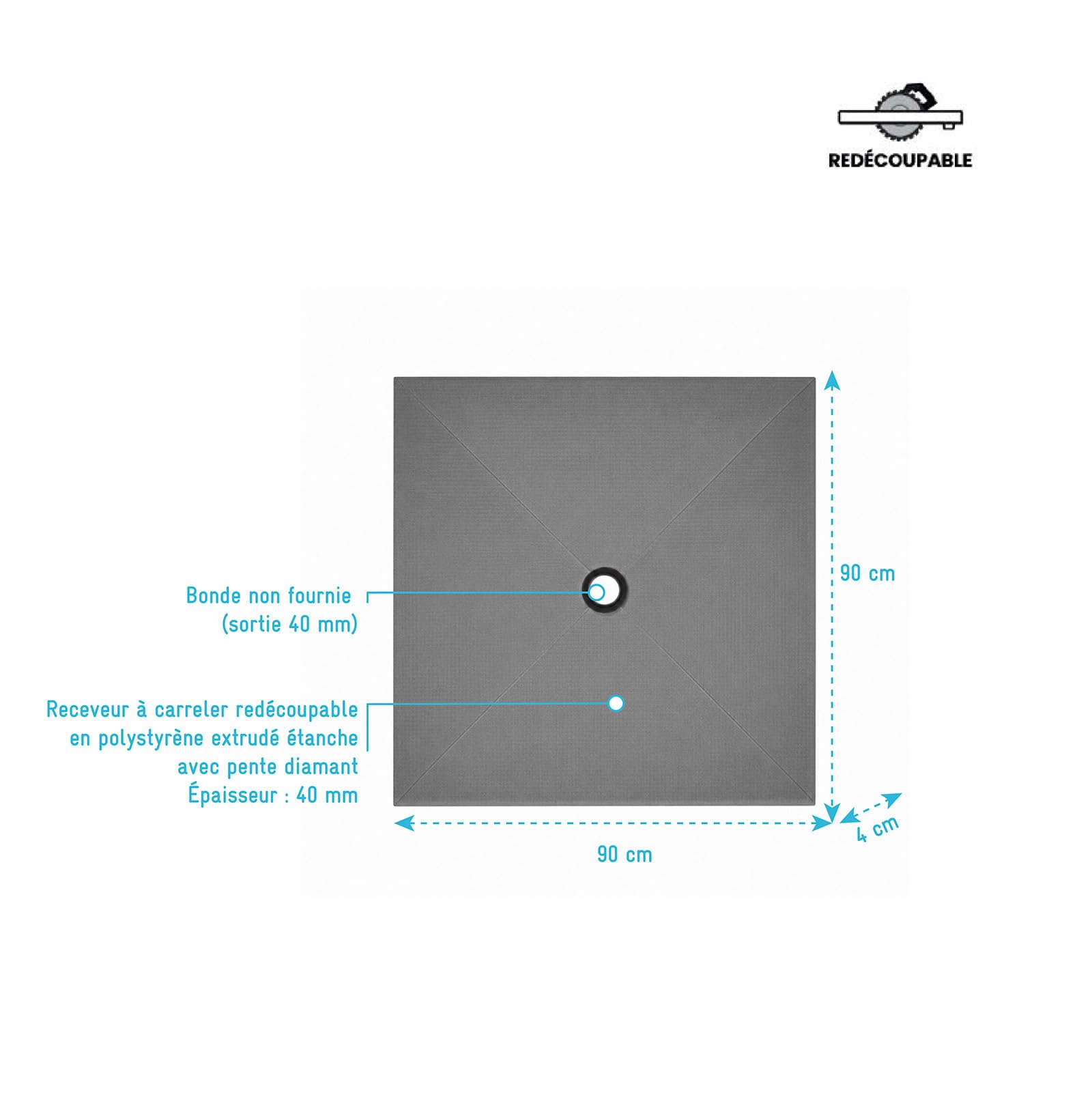 Bac receveur de douche à carreler 90x90cm recoupable sur mesure pour douche à l'italienne