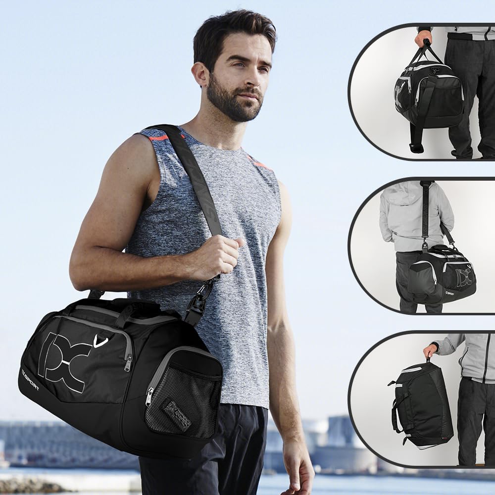 INOXTO Borsone da viaggio sportivo pieghevole grande con tasche asciutte e bagnate e scomparto per scarpe, uomo e donna, borsone da campeggio notturno per il fine settimana (Nero con bianco)