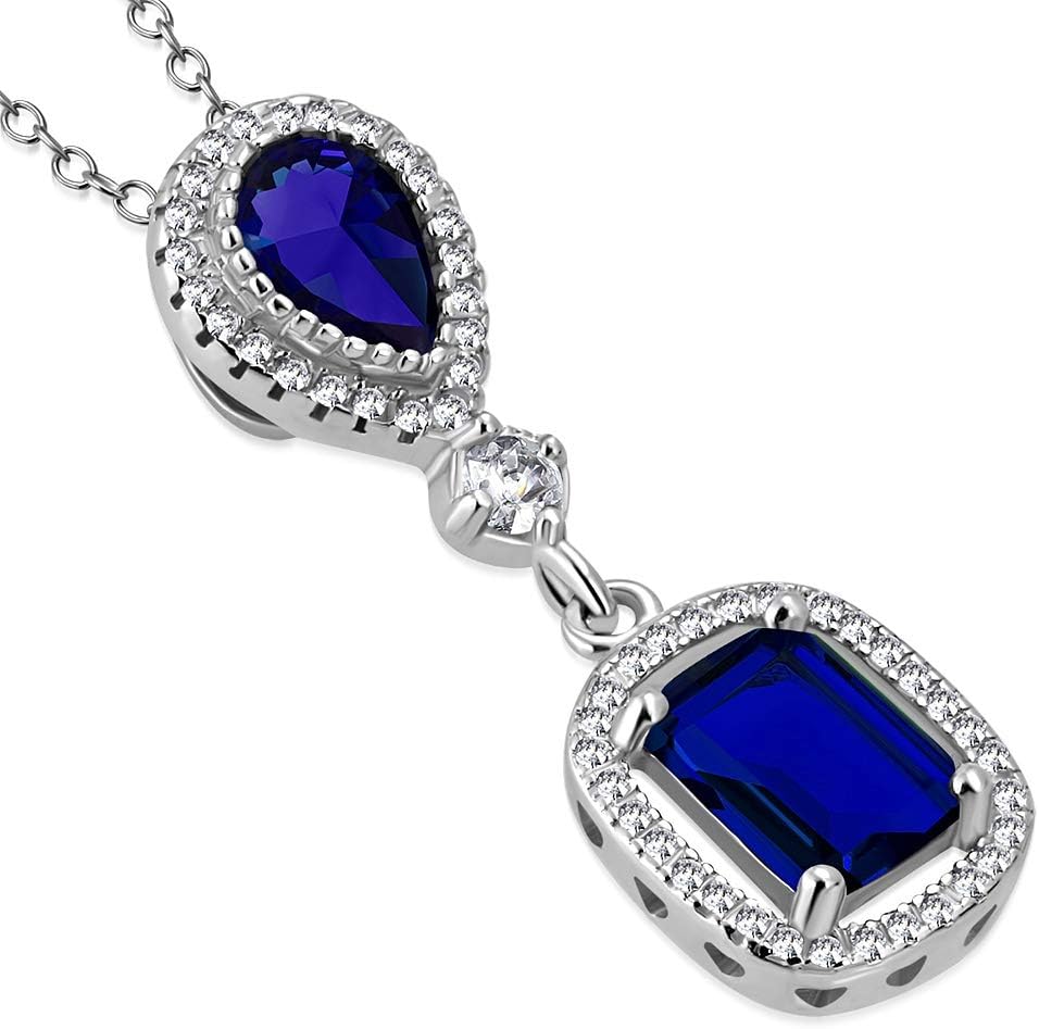 925 Sterling Silver Rectangular Teardrop Multicolor CZ Elegant Pendant Necklace, 18"