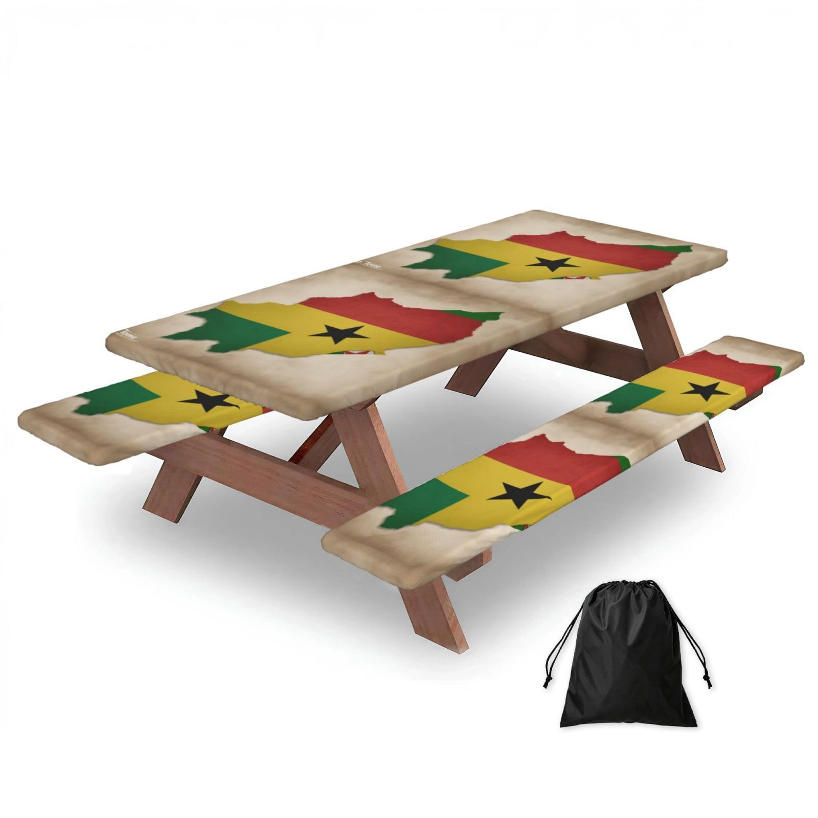 Duwaa Black Sao Tome And Principe Flag Map04 Print 183Cm Picnic Table Cover With Bench Covers, Waterproof Elastic Tablecloth Set For Outdoor