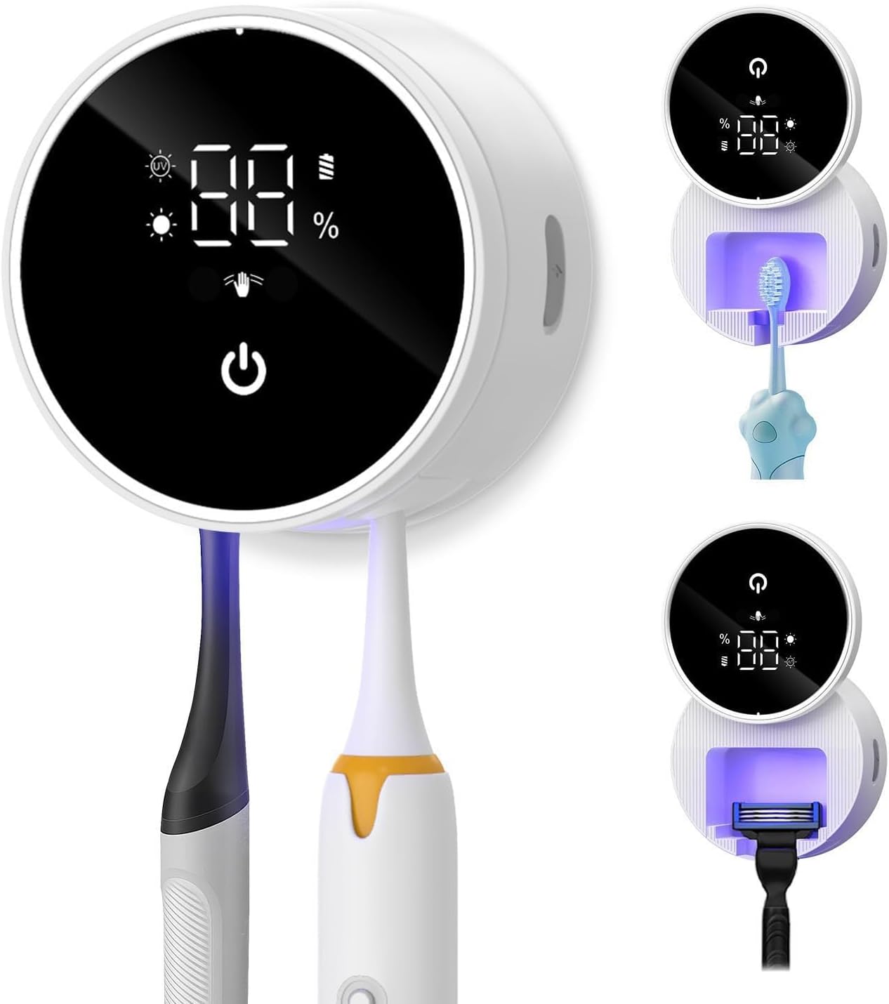 UV Desinfektions Zahnbürstenhalter, Zahnbürstenhalter Elektrische mit Trocknen,Timing, LED-Bildschirm,Wiederaufladbare Wandmontage,mit 2 Zahnbürstenschlitzen