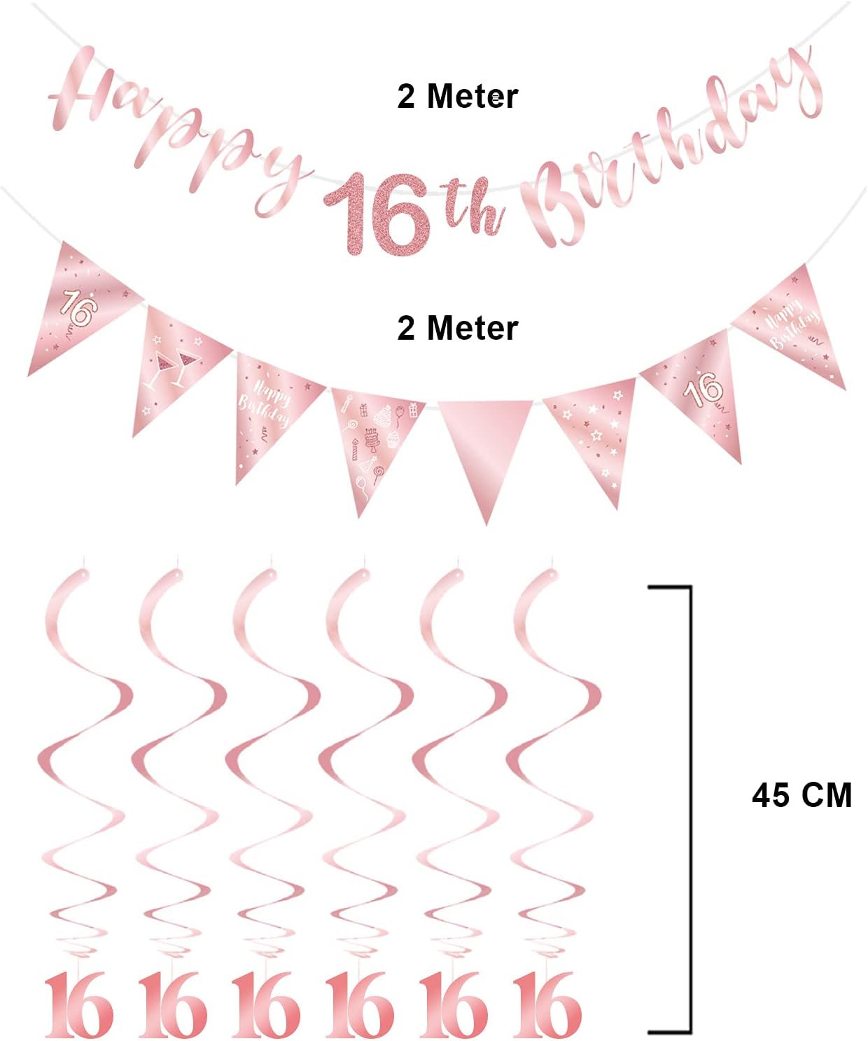 Rose Gold 16th Birthday Decoration for Girls - Happy 16th Birthday Banner with Bunting Swirls and Triangle Flag for Party Decorations - Image 4