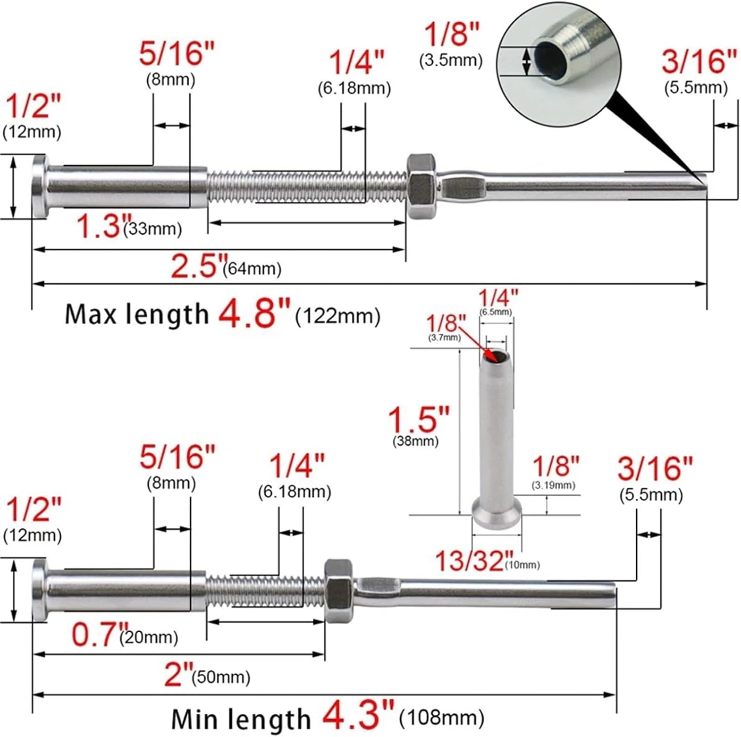 Cable Railing Screws Swage and Invisible Hex Head Threaded Stud Tension End Fitting Terminal Combination Pack for 1/8Inch Cable Railin
