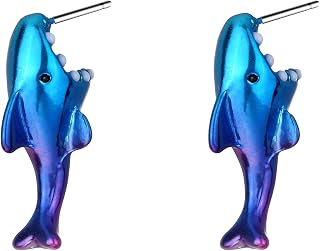 Metallic Blue Purple Biting Shark Silver Stud Earrings