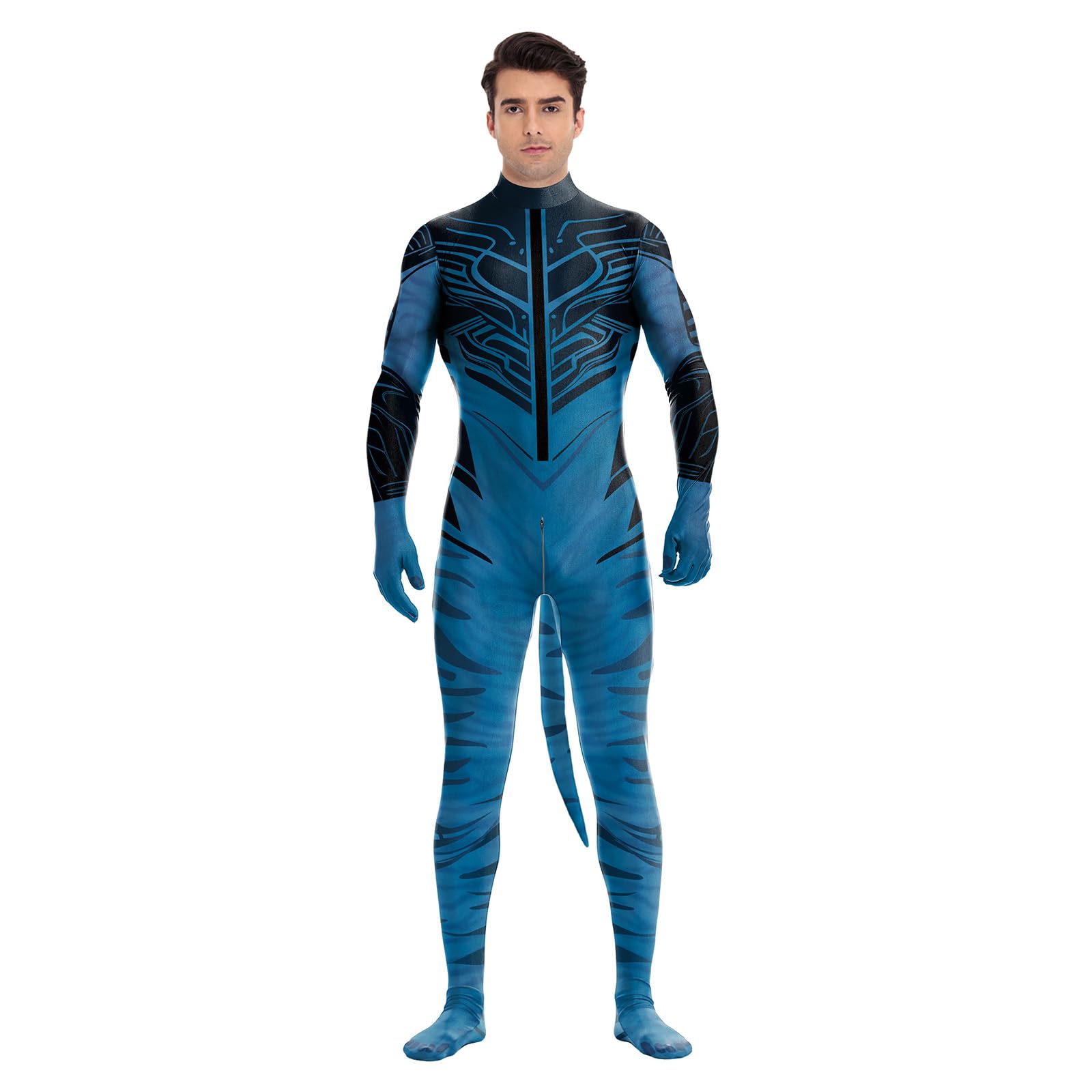 Men's Animal Bodysuit Costume with Big Tail Print Petsuit Spandex Furry Jumpsuit Cosplay Halloween Party
