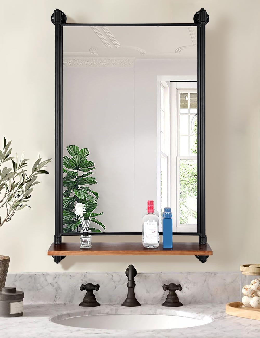 Industrial Pipe Mirror Wood Shelves,Bedroom Mirror with Shelf,Rectangle Iron Wall Mirrors for Living Room Bedroom(34.6 x 23.6 in)
