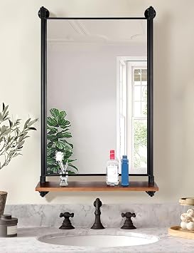 Industrial Pipe Wall Mirror with Shelf,Rustic Bathroom Mirror with Shelves | Metal Pipe Solid Pine Wood,Easy to Assemble,Wooden Board Thickness 0.78 In,For Living Room Entryway Bathroom,Bedroom
