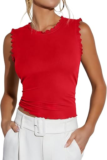 Ezbelle Womens Summer Tank Tops Ribbed Knit Ruffle Shirts Sleeveless Blouse Casual Clothes 2026