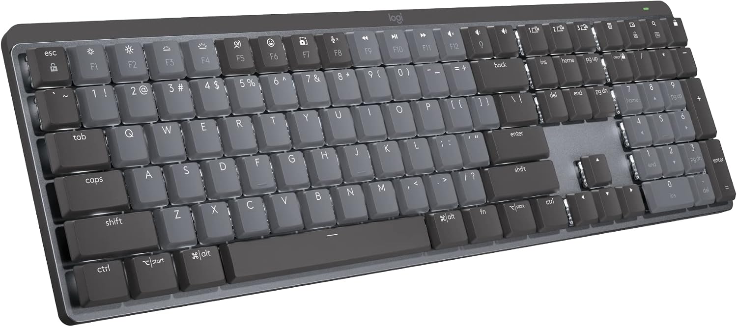 MX Mechanical Wireless Illuminated Performance Keyboard Linear | Low-profile full-size, 3 device Bluetooth pairing, Smart backlight auto-adjusts, USB-C rechargeable, Up to 15 day battery